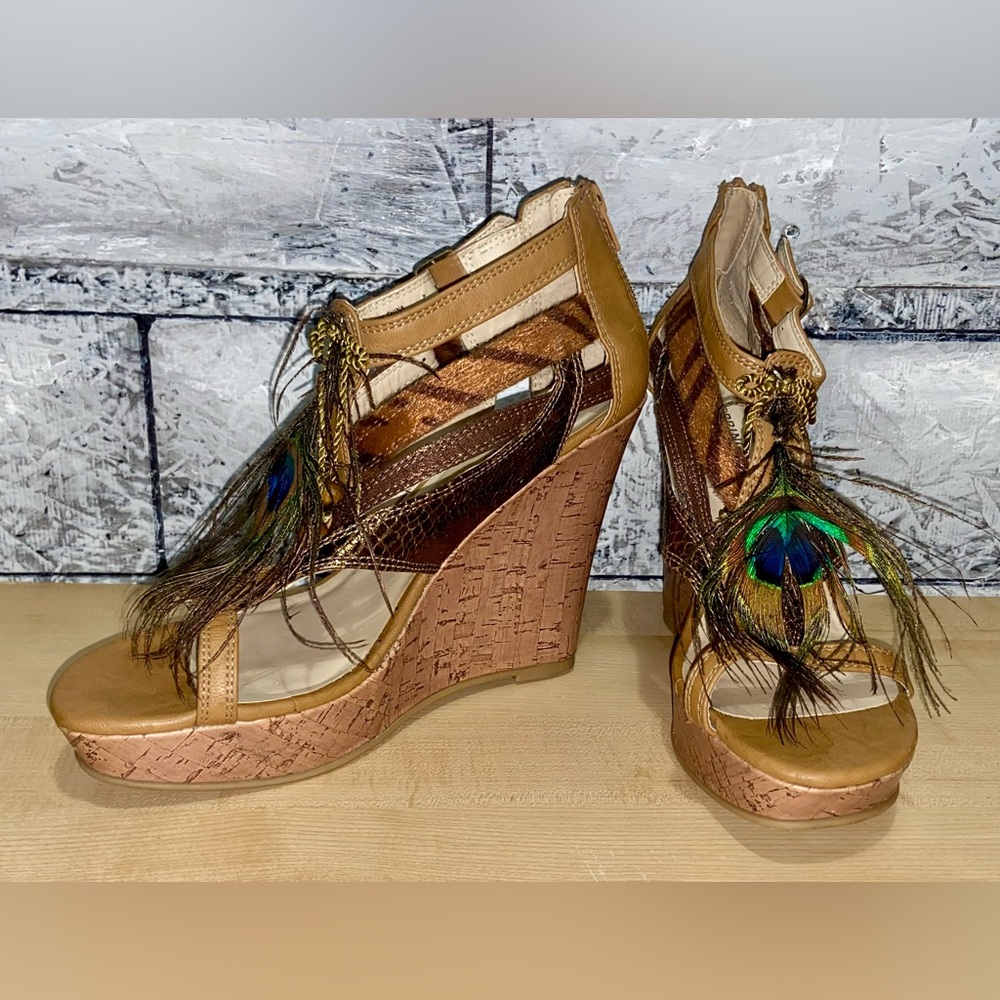 Call It Spring Elegant Brown Wedge Sandals with Peacock Feather Detail Size 9